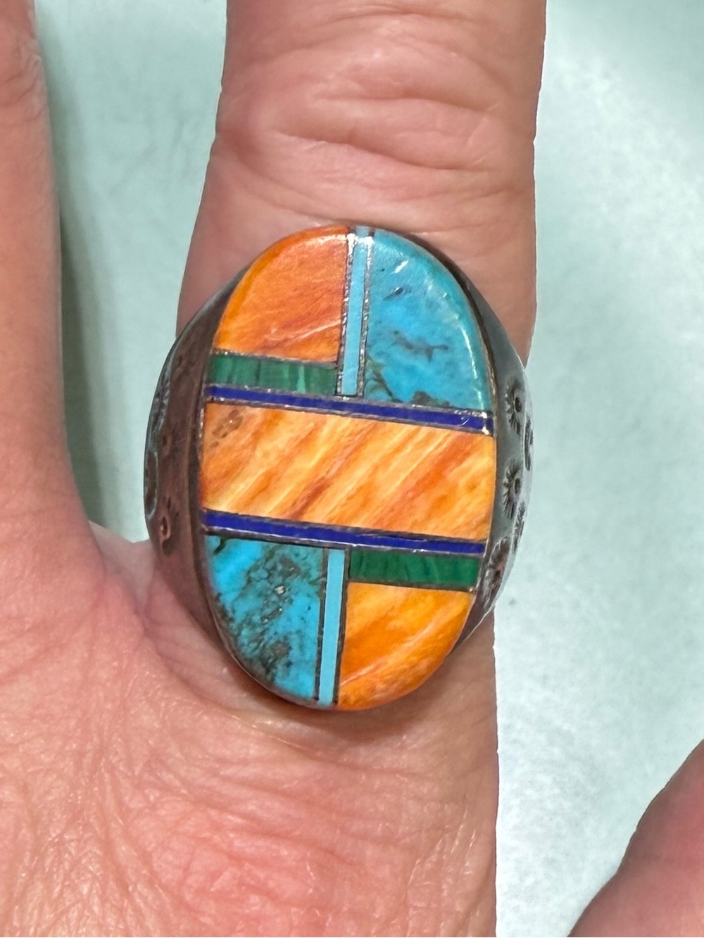 Vintage Zuni Ring Native American Inlay Sterling Silver Turquoise Multi Stone 11